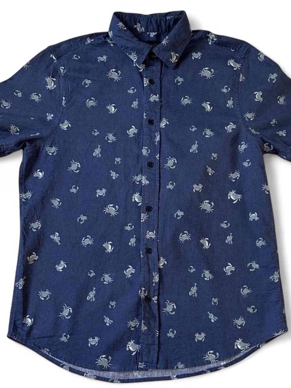 14th & Union linen & cotton blend navy crustacean crab lobster button-up polo